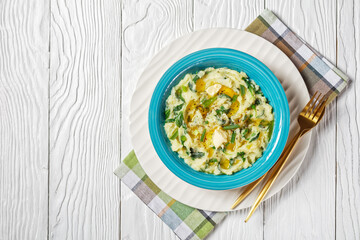Colcannon of mashed potatoes and kale, copy space,