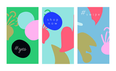 Modern abstract set trendy social media stories posts. Graphic design layout templates. Quirky unique style organic shapes pastel color pink red blue heart dots circle decor. Flyer brochure packaging

