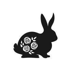 Cute Easter black and white bunny silhouette. Spring bunny with rose flowers inside. Black and white Easter bunny isolated on white background. 