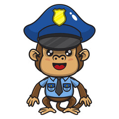 Funny Monkey Cartoon Characters wearing policeman uniform standing and greeting, best for mascot of police profession education for children