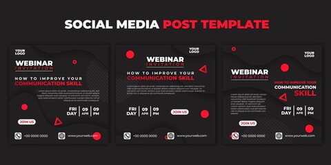 Social media post template. Set of Social media dark fluid concept design. Webinar invitation banner with glow red and white in the dark.