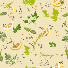 Spices, herbs and seasonings. Seamless vector pattern.
