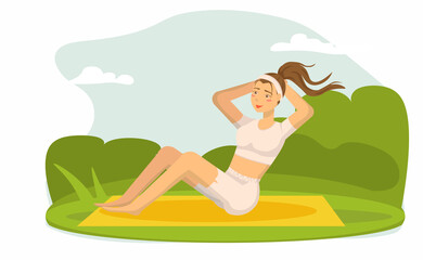 Healthy woman doing abs exercises on the floor. isolated vector. Outdoor sports. Illustration about exercise without equipment. Healthy lifestyle and sport concept