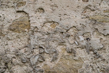 The texture of the old stucco on a brick wall.
