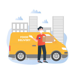 Delivery man with a truck vector illustration concept in cartoon style. Safe food delivery concept. Meal kit delivery concept. Delivery man is holding a box. Flat vector illustration.