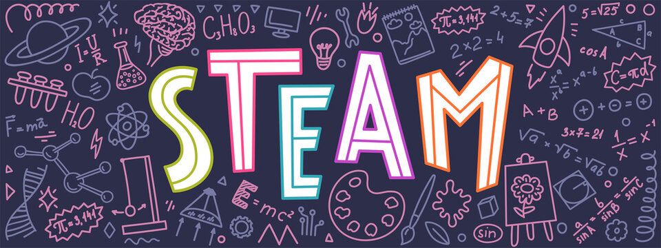STEAM. Science, technology, engineering, art, mathematics. Education doodles and hand written word "STEAM"