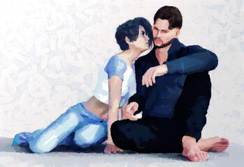 Don't love anymore - concept. Relationship difficulties. Young couple man and woman. Painting with a bold brush style