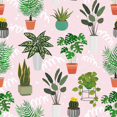 Hand drawn seamless pattern of different green plants in pots. Home greenery decor, cozy plant, botanical leaves. Spring floral set illustration for design card, invitation, wallpaper, wrapping paper