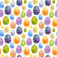 Watercolor seamless pattern with colorful easter eggs. Stock illustration with cute symbol of easter.