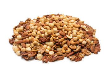 Mix of nuts isolated on white background. Top view.