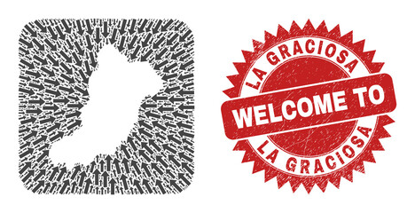 Vector collage La Graciosa Island map of navigation arrows and grunge Welcome seal. Collage geographic La Graciosa Island map constructed as stencil from rounded square with motion arrows.