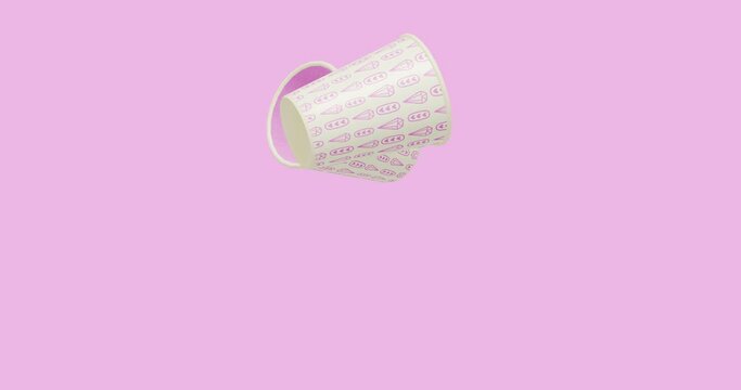 Minimal motion 3d art. Plastic cup with design pattern moves in pink abstract space. Candy,party, coffee shop, party shop, birthday, valentines day, greatings concept 4k video