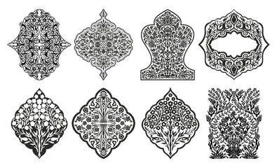 Set of 8 Uzbek, Turk, Middle Asian and Arabian islamic vector decorative motifs and elements, damask ornate boho style vintage ornaments in  black and white colors for custom print and design.