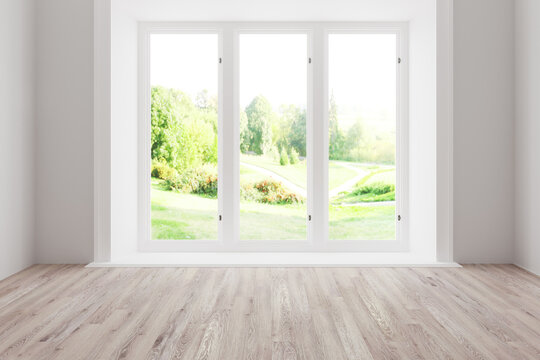 White empty room with summer landscape in window, 3d render,