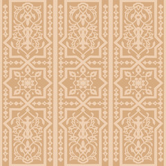 Seamless luxury ethnic Kazakh, Uzbek, Kyrgyz, Turkmen, Middle Asian and arabian islamic vector  damask decorative pattern, damask ornate boho style vintage ornaments in neutral beige and cream colors.