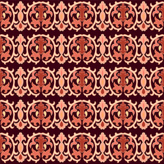 Seamless ethnic Uzbek, Kazakh, Kyrgyz, Turkmen Middle Asian and arabian islamic vector decorative pattern, damask ornate boho style vintage ornaments in dark red and brown colors.