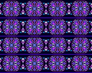 Seamless ethnic Uzbek, Kazakh, Kyrgyz, Turkmen Middle Asian and arabian islamic vector decorative pattern, damask ornate boho style vintage style in blue, purple and black colors.