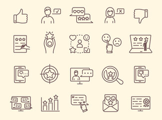 Collection of feedback icons, customer opinion or review, marketing research, product review. Set of outline flat illustrations isolated on white background