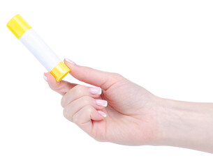 Glue stick in hand on white background isolation