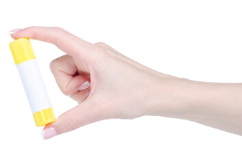 Glue stick in hand on white background isolation