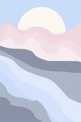 Minimalistic abstract landscape waterfall sun mountains vector