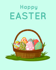 Happy Easter. Basket with different painted Easter eggs in the meadow. For postcards, banners, flares, leaflets.