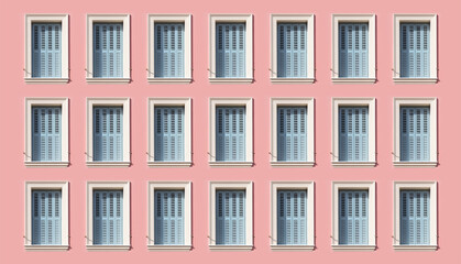 Old fashioned window wooden shutters, closed, on pastel pink color painted wall background.