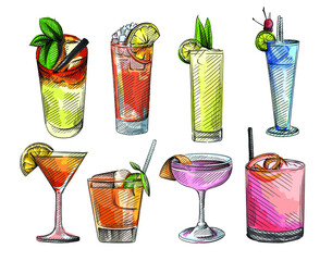 Colorful watercolor sketch set of cocktail drinks. Alcohol beverages. Cocktail drink in highball glass, champagne saucer, rocks glass, shot glass, zombie, balloon wine glass, martini 