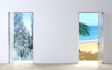 Two doors concept winter and summer