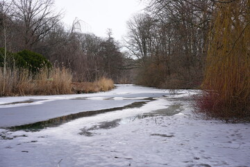 Tauwetter im Großen Tiergarten Berlin: Fließgewässer mit Schnee 