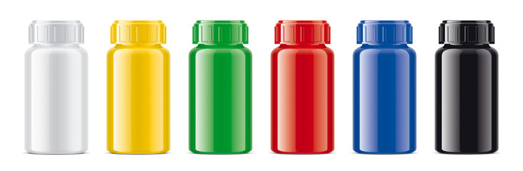 Set of Glossy Colored Plastic Bottles.