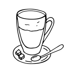 A mug of coffee with a saucer, spoon and sugar cubes. Design for menus, cafes, greeting cards, posters, t-shirts, banners, printable invitations. Vector. Doodle.