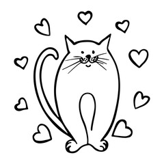 Vector illustration of a well-fed cat with hearts around him. Valentine's day concept. Doodle style outline.