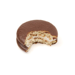 Piece of chocolate cake chokopie bitten off isolated on a white background perspective view