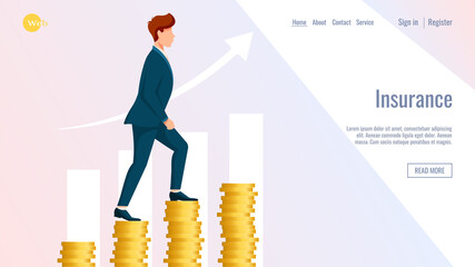 Web design. Man is going up on the coins. Bank, finance, insurance, money savings concept. Vector illustration for flyer, poster, banner, advertising, website development. 