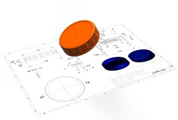 3d illustration of bottle cap above engineering drawing
