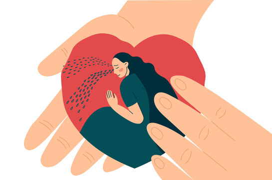 Hands hold heart inside crying woman or girl. Compassion, support and comfort. Help in overcoming depression. Flat vector illustration in trendy style.