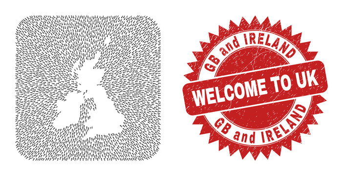 Vector Collage Great Britain And Ireland Map Of Straight Arrows And Rubber Welcome Badge.