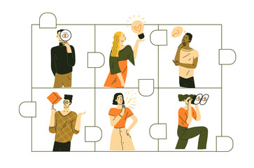 People inside puzzle pieces, symbol team work. Our team portraits, businessmen and businesswomen. Flat vector illustration in trendy style.
