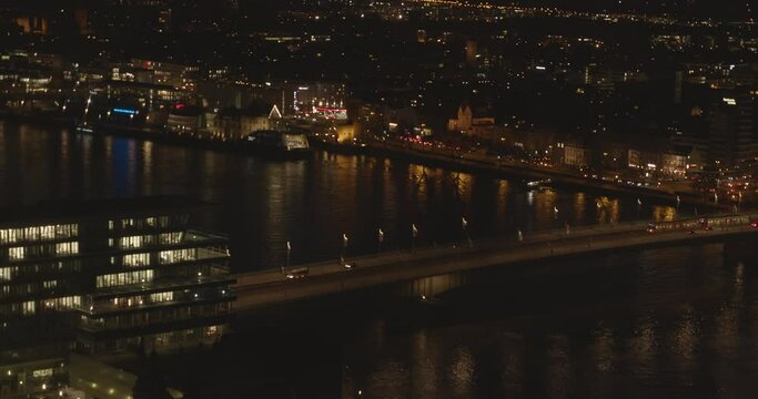 Cologne at night, aerial view, Deutz, bridge, business district, train, industry, busy street, traffic, Jan 2020, K&ouml;ln bei Nacht, Luftbild, Koeln K&ouml;ln Messe, Br&uuml;cke, Verkehr, urban, UHD, 4K, BMPCC4K