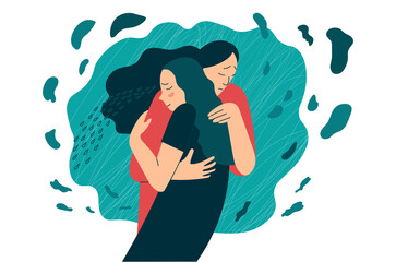 Friend or mother supports in stress or depression. Hugs as a way to support and show love and compassion. Mental health creative concept. Flat vector illustration.