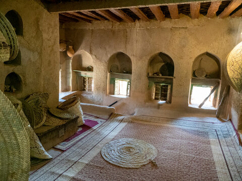 Interior view of a classic mud construction house in Bait Al Safah, Al Hamra, Sultanate of Oman