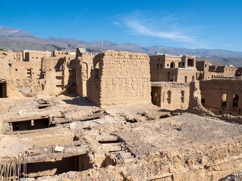 Exterior view of a mostly abandoned mud construction houses in Bait Al Safah, Al Hamra, Sultanate of Oman