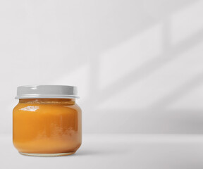 Jars of Baby food concept on isolated background. Front view