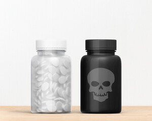 3D illustration. Pills jar isolated. Poison bottle concept
