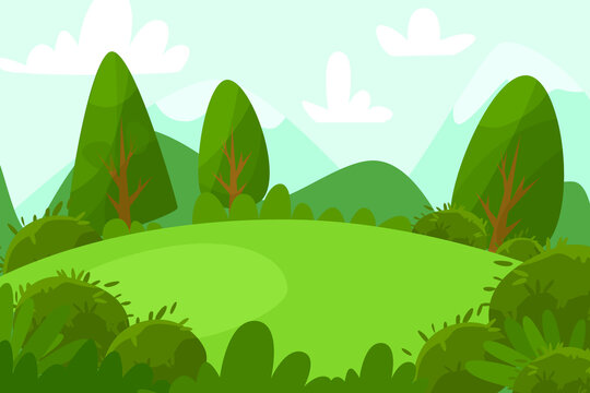 Beautiful background with a landscape. Kus, trees, clouds, mountains