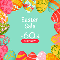 Easter banner with discounts, special offer. Easter eggs on the background. Vector illustration for website, poster, promotion, advertisement, coupon, banner, flyer