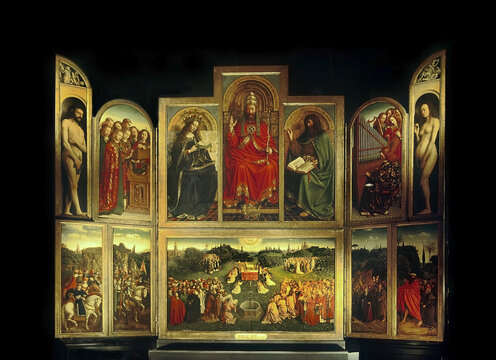The Adoration of the Mystic Lamb by The Van Eyck brothers  in St. Bavon’s Cathedral in Gent. The Van Eyck brothers painted this unique altarpiece in 1432, Gent, Belgium