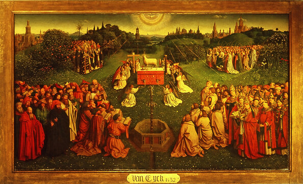 The Adoration of the Mystic Lamb by The Van Eyck brothers  in St. Bavon&rsquo;s Cathedral in Gent. The Van Eyck brothers painted this unique altarpiece in 1432, Gent, Belgium