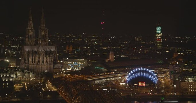 Cologne at night, cathedral panorama, aerial view, Hohenzollernbr&uuml;cke, city centre, main station, river Rhine, Jan 2020, K&ouml;ln bei Nacht, Luftbild, K&ouml;lner Dom, Innenstadt, Rhein, urban,UHD, 4K, BMPCC4K